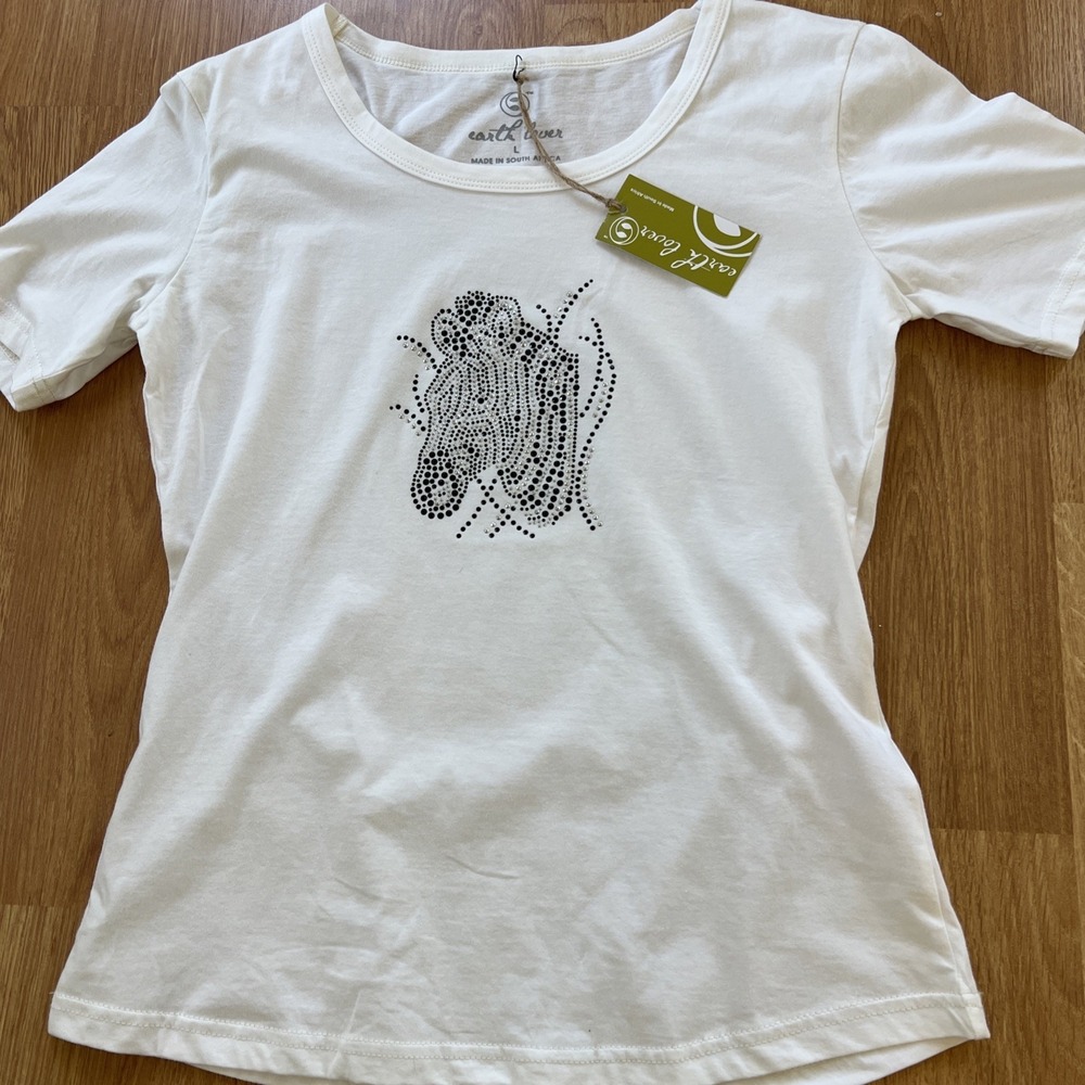 NWT Earth Lover Women's White Zebra T-Shirt Size Large Tee Beaded Short Sleeve - Picture 2 of 15